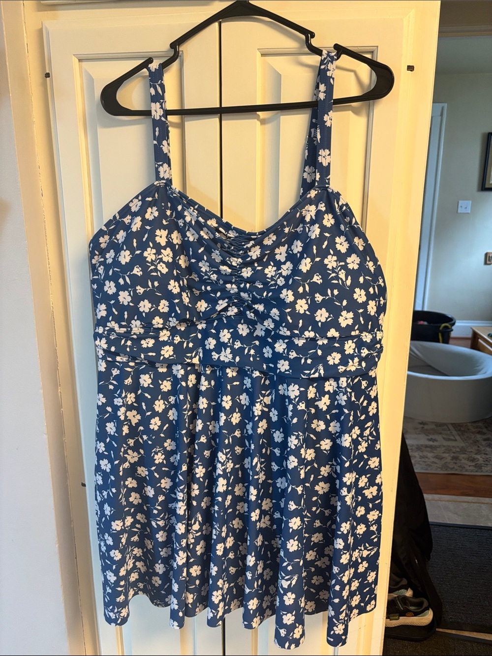 Blue Floral Swimdress with White Flower Print